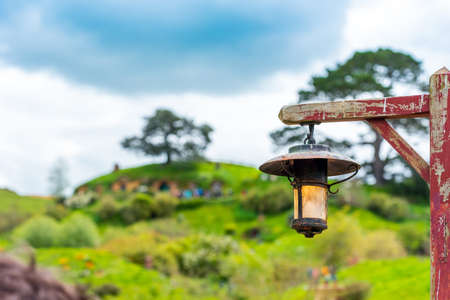 MATAMATA, NEW ZEALAND - OCTOBER , 2018: Street lamp on a landscape background, Movie Set. With selective focusのeditorial素材