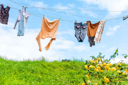 MATAMATA, NEW ZEALAND - OCTOBER , 2018: Things are drying on a rope, Movie Set. With selective focusのeditorial素材