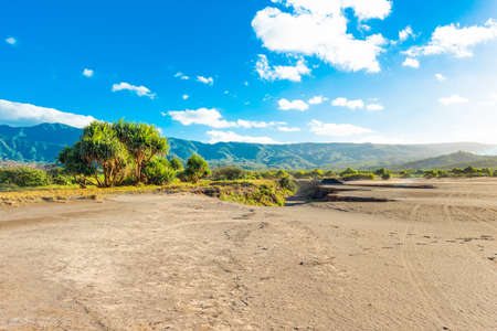 View of the mountain landscape from the volcano Yasur, Tanna Island, Vanuatuの写真素材