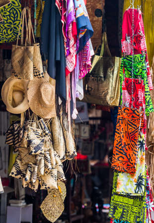 Hats and bags at the local market, Fiji.の写真素材
