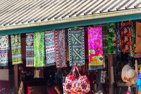 Multi-colored fabrics in the local market, Fijiの写真素材
