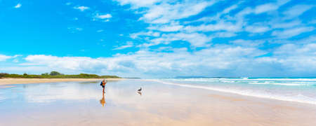 Woman on a sandy beach photographs a pelican, Galapagos Island, Isla Isabelaの写真素材