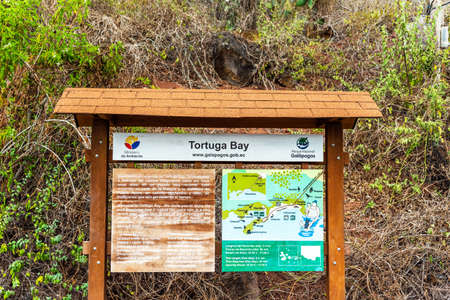 SANTA CRUZ ISLAND, GALAPAGOS ISLAND - JULY 2, 2019: Wooden signboard with information about Tortuga Bayの写真素材
