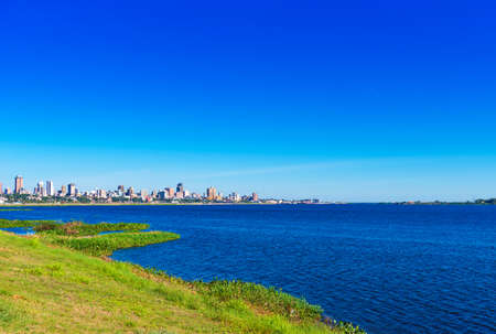 View of the city from the side of the Paraguay river, Asuncion, Paraguay. Copy space for text       ...