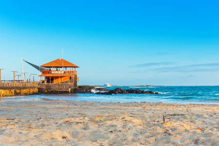 GALAPAGOS ISLAND, ISLA ISABELA - JULY 2, 2019: Pier on the sandy beach.のeditorial素材
