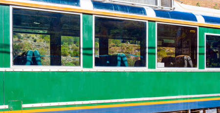 OLLANTAYTAMBO, PERU - JUNE 26, 2019: Train at the station. Close-upのeditorial素材