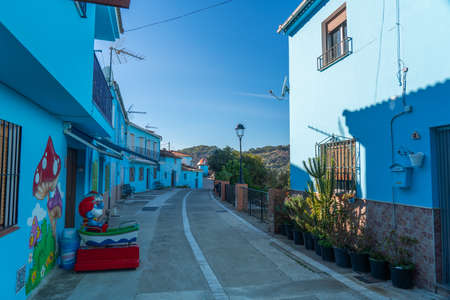 Juzcar, Spain - January 8, 2020: Sculpture of Smurf in Juzcar blue town, Province of Malagaのeditorial素材