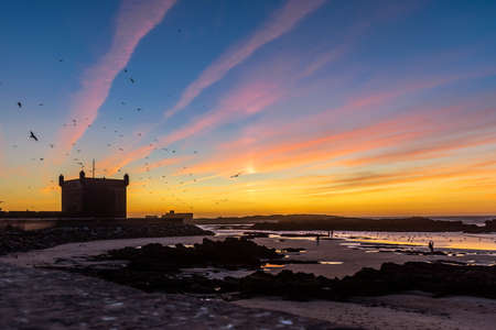 Sunset at Essaouira and view of the fort, Essaouira, Moroccoの写真素材