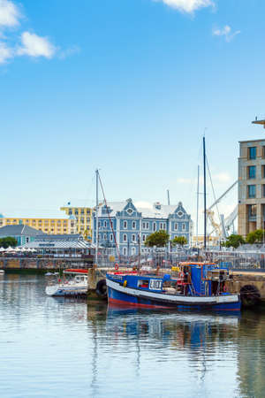 Cape Town, South Africa - January 29, 2020: Boats on the waterfront Victoria & Alfred Waterfront in the city center. Vertical. Copy space for textのeditorial素材