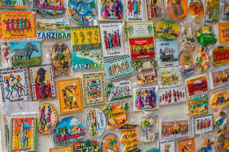 Zanzibar, Tanzania - February 13, 2020 : Souvenir magnets at the Street Market in Nungwi, Island of...