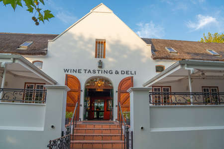 Stellenbosch, South Africa - Febuary 02.2020: Building at the Lanzerac Wine Estate at Sunset time in Stellenbosch, South Africa, Entrance to the Wine Tasting Tourのeditorial素材