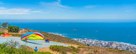 Cape Town South Africa- January 28, 2020 : Panorama view of Cape Town and the Ocean, South Africa with Paragliding People, Panorama view with the Oceanのeditorial素材