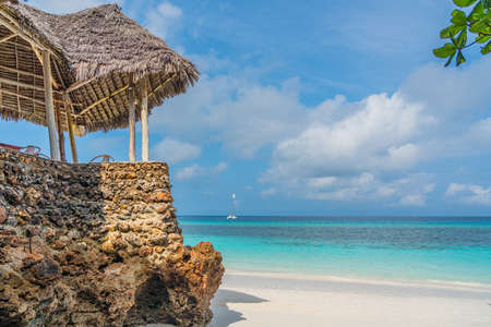 Tropical Building with White Beach of Zanzibar Island. Tanzania. Eastern Africa, copy space for textの写真素材