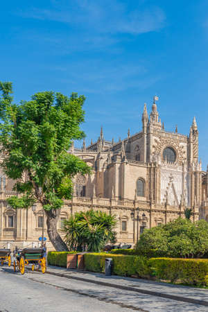 SEVILLE SPAIN, OCTOBER 17. 2020: The Cathedral of Saint Mary of the See, Seville, largest Gothic cathedral, Unesco Word Heritage Site with horse carriageのeditorial素材