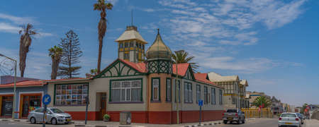 SWAKOPMUND, NAMIBIA - JAN 11, 2020: Street view with buildings in Swakopmund with colorful housesのeditorial素材