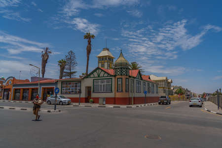 SWAKOPMUND, NAMIBIA - JAN 11, 2020: Street view with buildings in Swakopmund with colorful housesのeditorial素材
