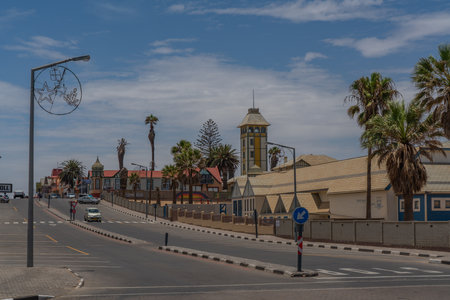 SWAKOPMUND, NAMIBIA - JAN 11, 2020: Street view with buildings in Swakopmund with colorful housesのeditorial素材