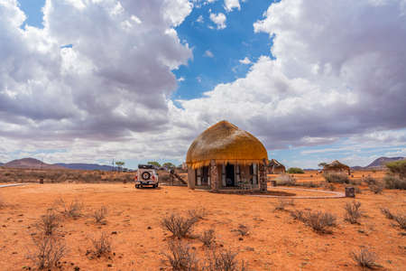 NAMIB NAUKLUFT PARK, NAMIBIA - JANUARY 06. 2021: We Kebi Safari Lodge in Namib-Naukluft National Park close to Sossusvlei with the thatched roof houseのeditorial素材