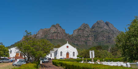 Panorama of the Congregational Church in Pniel, with background mountain Western Cape Province, South Africaのeditorial素材