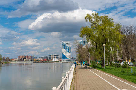 KRASNODAR, RUSSIA - APRIL 24.2021: Krasnodar city and Kuban river skyline panoramic view. with beautiful cloudy sky during spring with the walking wayのeditorial素材