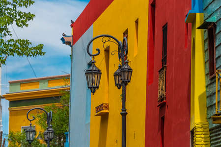 Caminito Street, in La Boca, street lamp with the colorful buildings, Buenos Airesの写真素材