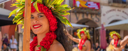 Portrait of attractive young Polynesian Island Tahitian female dancers in colorful costumes at Montblanc folk festivalのeditorial素材