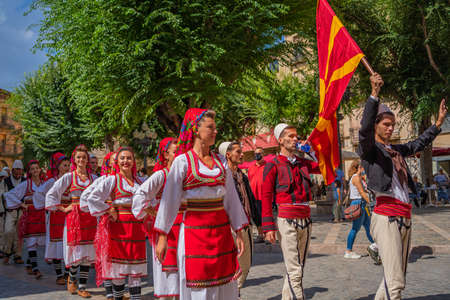 Folk dance from Macedonia in a street folk festival in Montblanc, Festival Mayorのeditorial素材