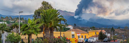 LOS LLANOS DE ARIANE, SPAIN NOVEMBER 10.2021: Street at the Cumbre Vieja volcano during eruption on the Canary island of La Palma, panoramaのeditorial素材