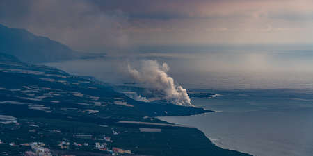 The Cumbre Vieja volcano eruption with the lava going to the ocean on the Canary island of La Palmaの写真素材