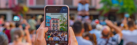 CAMBRILS, SPAIN - SEPTEMBER 04.2022: View to a telefon screen with Castells Performance, at a festivals within Tarragona, panoramaのeditorial素材