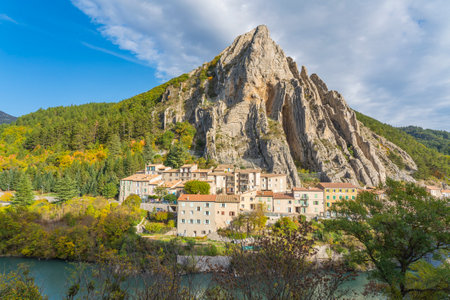 Panorama of the Rocher de la Baume around the town of Sisteron in the Alpes-de-Haute-Provence department in Franceの写真素材
