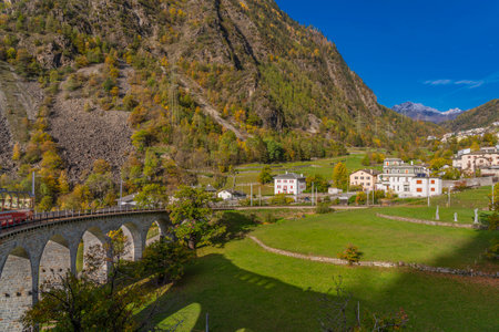 View from the Bernina Express train of Rhaetian Railway Line to Brusio in the italien Switzerlandの写真素材