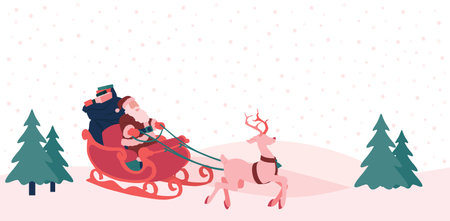 Santa Claus rides in a sleigh with reindeer. Christmas vector illustration.のイラスト素材