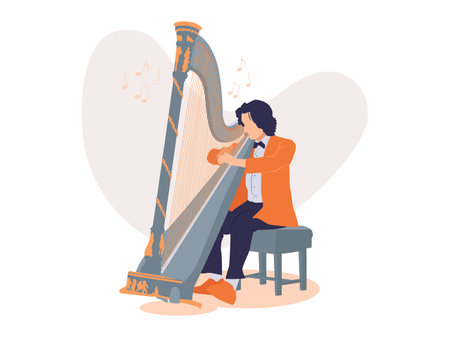 Man playing harp flat vector illustration. Musician performing musical instrument.のイラスト素材