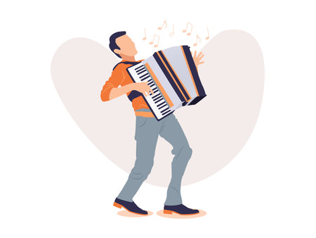 Man playing accordion flat color vector faceless character. Musician with instrument isolated cartoon illustration for web graphic design and animationのイラスト素材