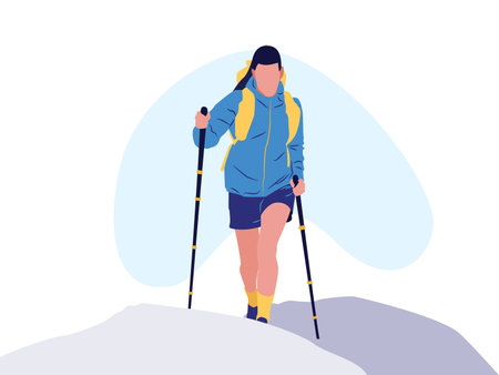 Nordic walking or Hiking. Woman with Nordic walking poles. Vector illustration in flat styleのイラスト素材