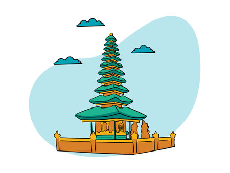 Pura Ulun Danu is Balinese temple in Bali, Indonesia over white background colorful design vector illustrationのイラスト素材