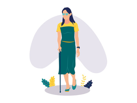 Blind woman walking with caneのイラスト素材
