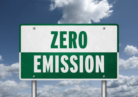 Zero emissions - road sign messageの写真素材