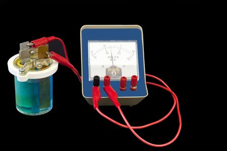 A wet cell battery with volt meter.の写真素材