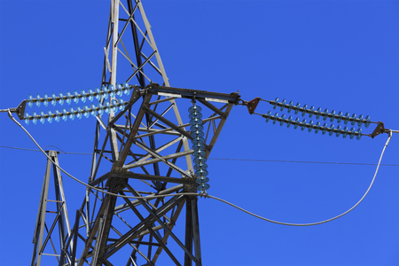 High voltage transmission line mast and cablesの写真素材