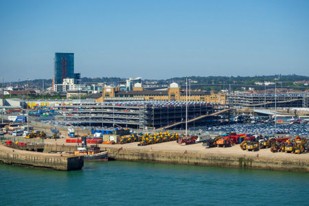 SOUTHAMPTON, UNITED KINGDOM, JUNE 27, 2018: Temporally storing imported automobiles in the dock depot at Southampton, taken on June 27, 2018, in Southampton.のeditorial素材