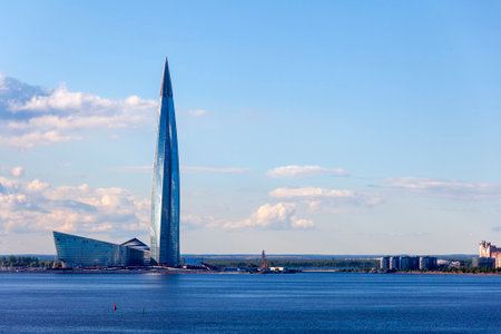 St. Petersburg, Russia - JULY 3, 2018:  Lakhta Center, a large scale multi-use development with public facilities and offices, taken on July 3, 2018, in St. Petersburg.のeditorial素材