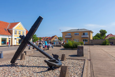 SKAGEN, DENMARK - JULY 07, 2018: The main shopping district in Skagen with its bright yellow buildings, taken in Skagen on July 7.のeditorial素材