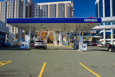 ST. JOHNâS, NEWFOUNDLAND AND LABRADOR, CANADA â OCTOBER 27, 2018: An Irving gas station in the downtown core of a modern city, taken on October 27 in St. Johnâs.のeditorial素材