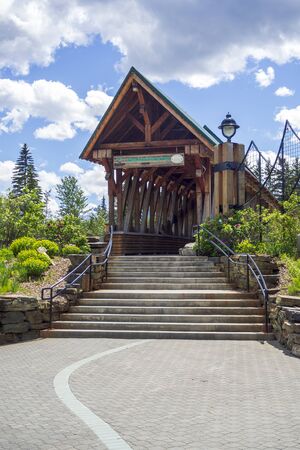 GOLDEN, BRITISH COLUMBIA, CANADA â€“ JUNE 9 2019: The Kicking Horse pedestrian bridge over the...