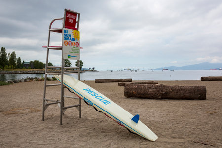 VANCOUVER, BRITISH COLUMBIA, CANADA, - JUNE 23, 2019. Early morning at a lifeguard station on an empty beach, taken on June 23, 2019 in Vancouver.のeditorial素材