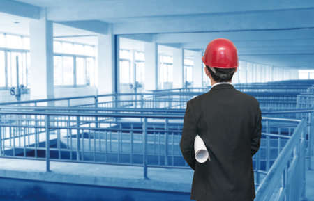 Rear view of architect looking comparing housing project with buildingのeditorial素材