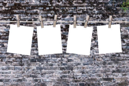 blank instant photos hanging on the clotheslineの写真素材