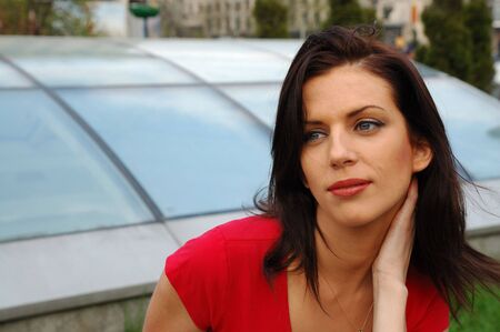 Young woman in red T-shirtの写真素材